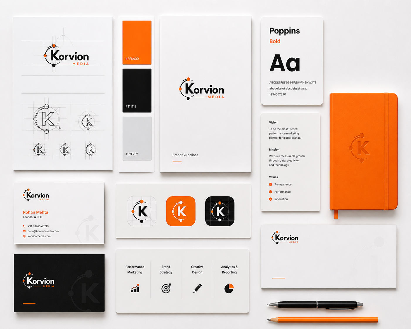 Korvion Media Brand Identity Stationery System